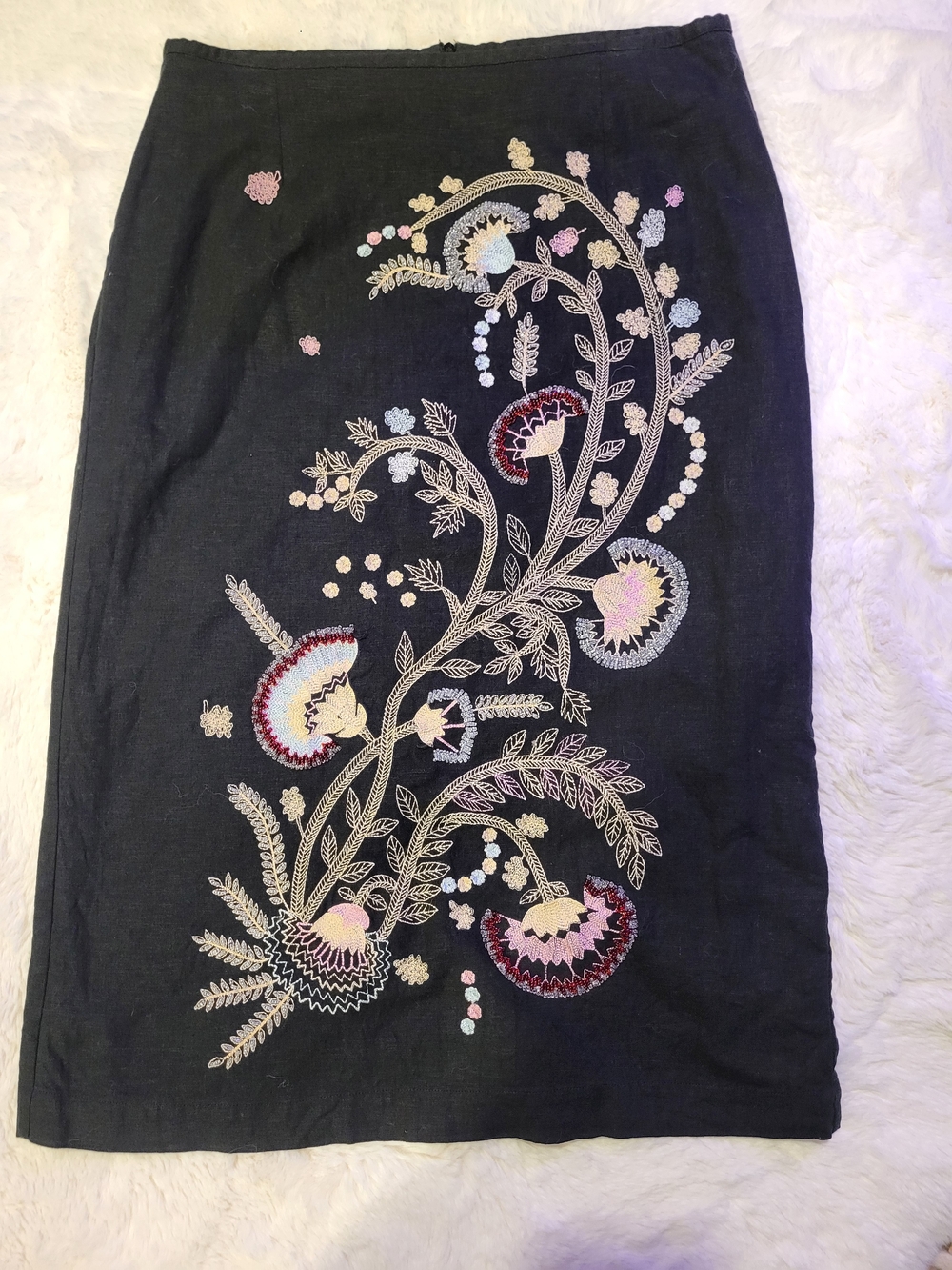 Richard Malcolm Vintage Embroidered Black Floral Midi Skirt